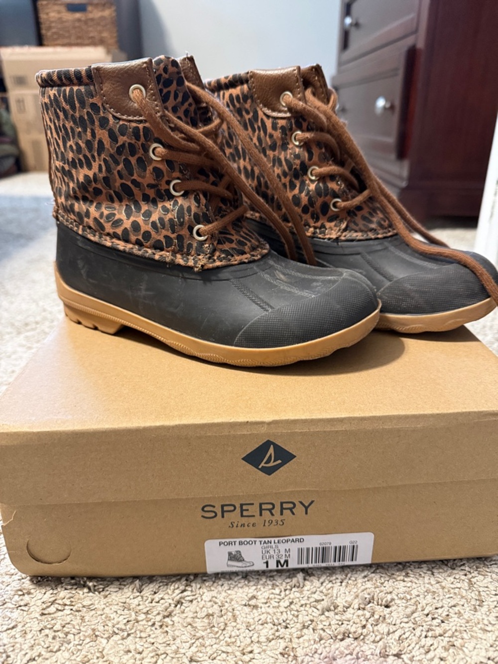 Sperry Tan Leopard Duck Boots with Black Rubber Lower